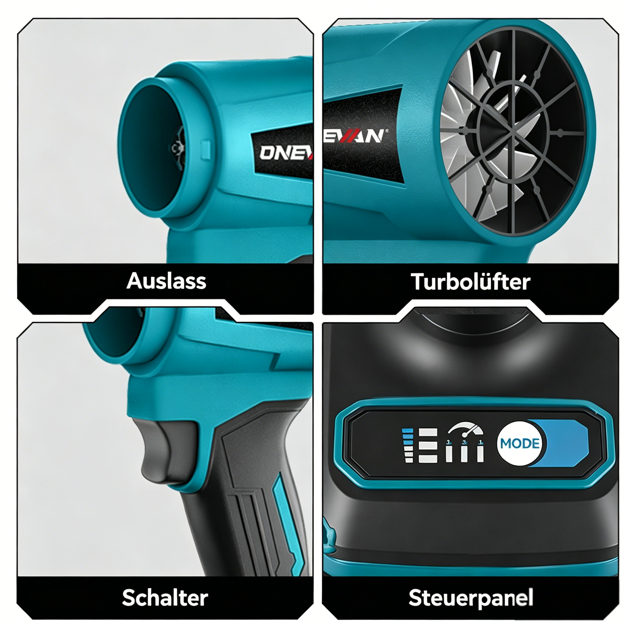 Vier Ansichten eines blauen Gebläses: Auslass, Turbineneinheit, Schalter, Bedienfeld.