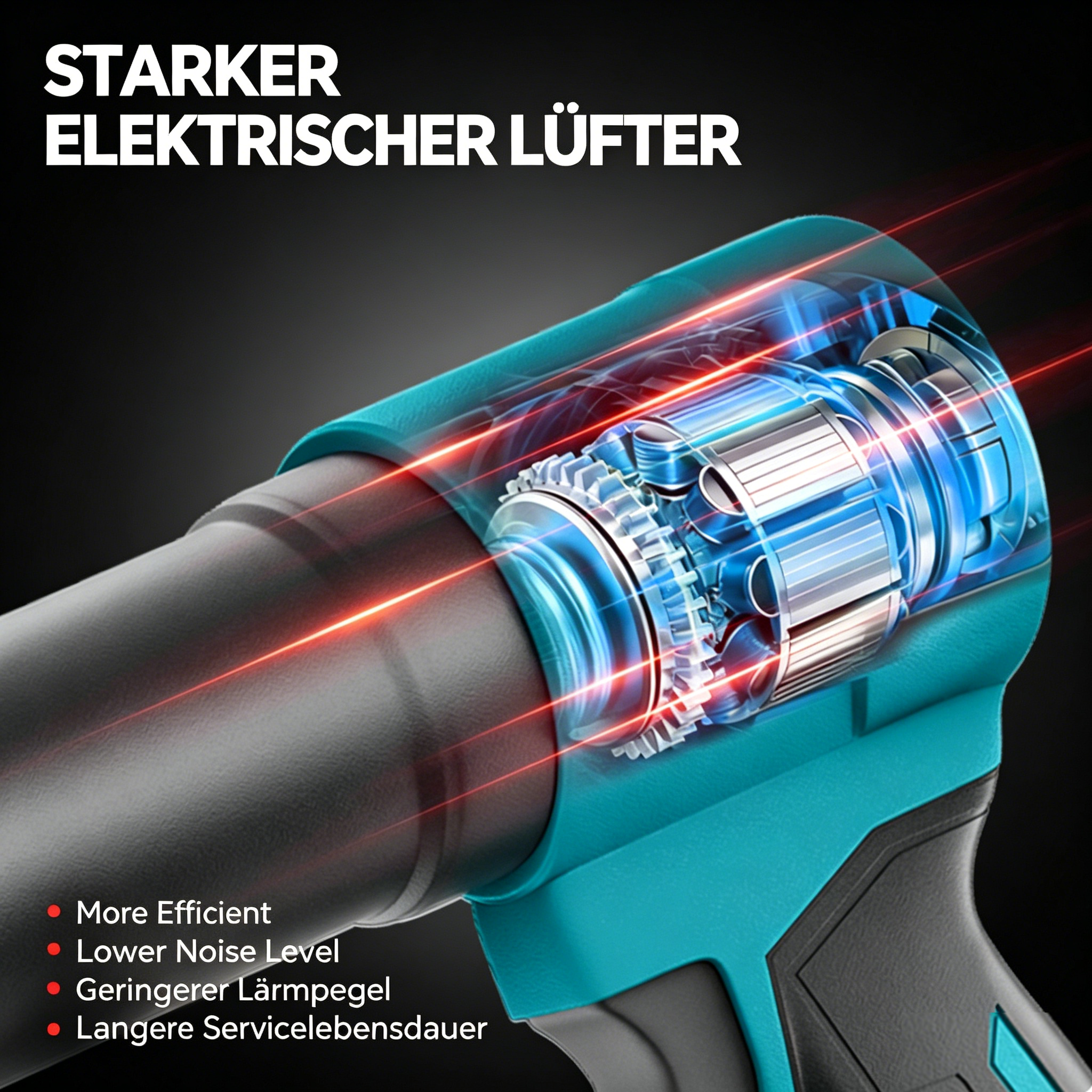 Ein starker elektrischer Lüfter mit sichtbarem Innenleben und roten Lichtstrahlen.
