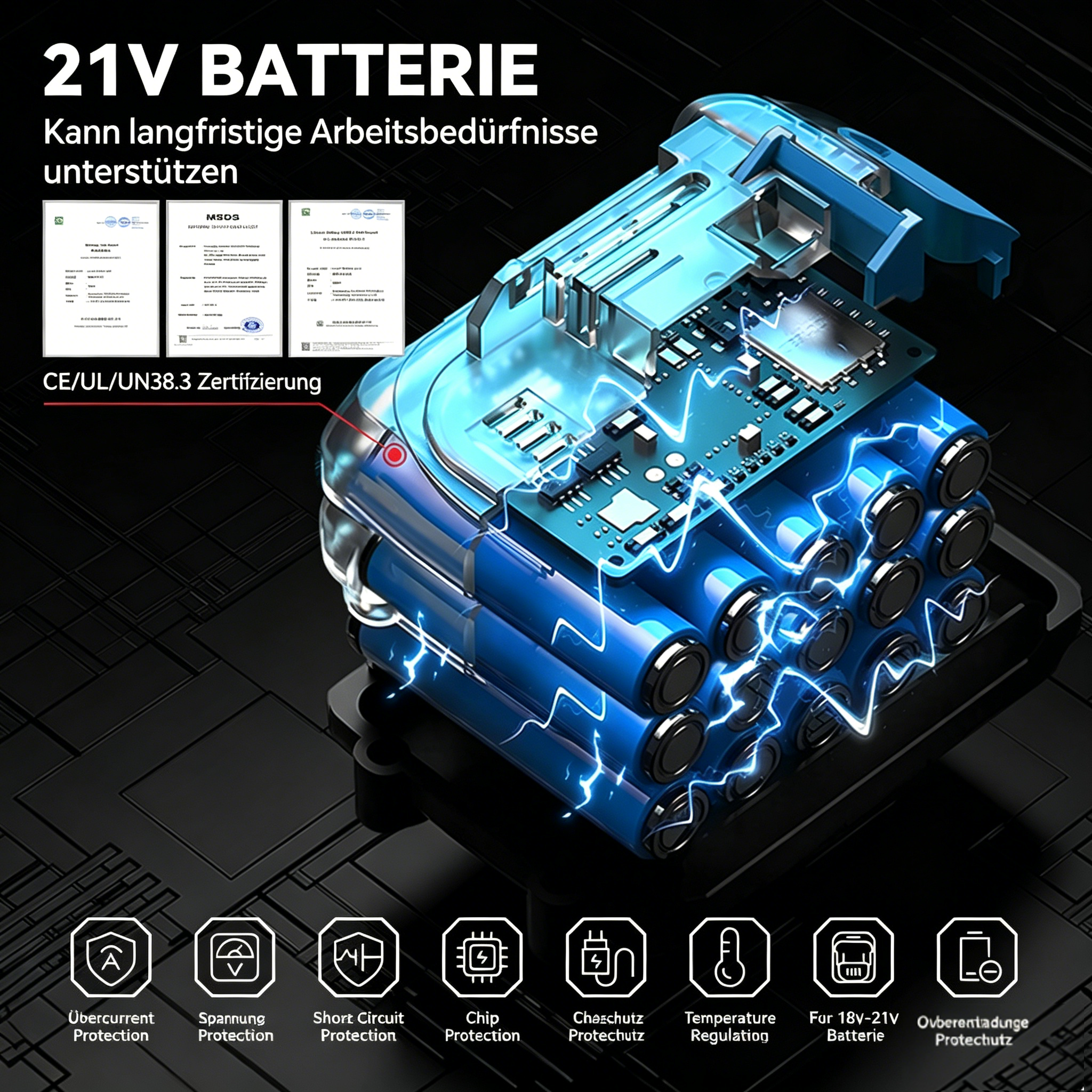 21V Batterie mit Schutzfunktionen, CE/UL/UN38.3 Zertifizierung.