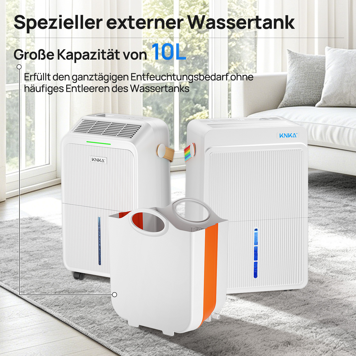 Zwei weiße Entfeuchter und ein separater Wassertank mit orangefarbenen Akzenten.