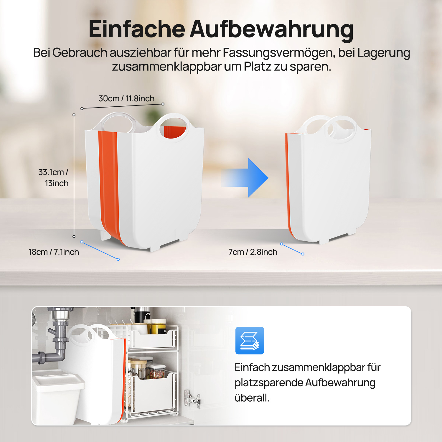 Weiße faltbare Tasche mit orangefarbenen Akzenten, Maße angegeben.