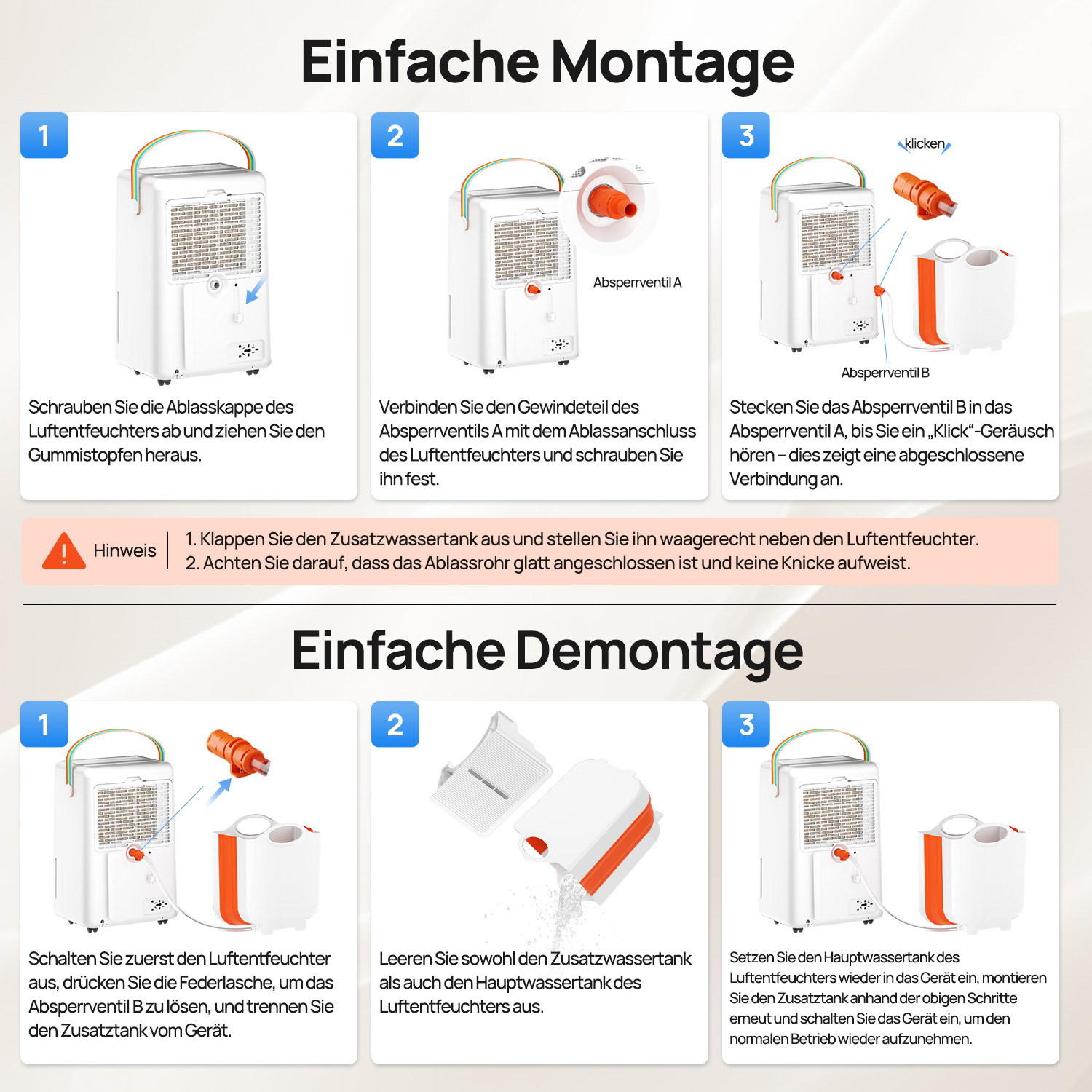 Schritte zur Montage und Demontage eines Luftentfeuchters mit Zusatzwassertank.