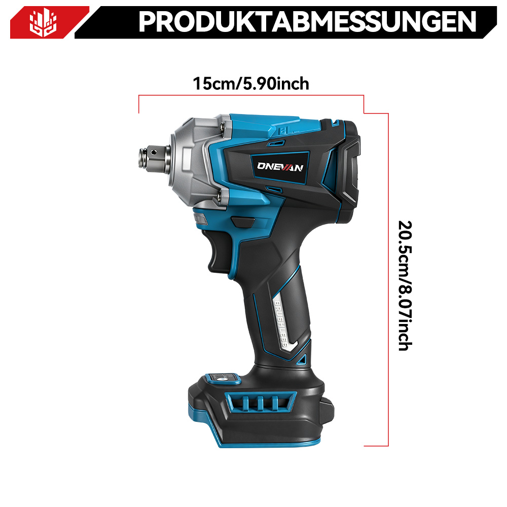 Ein blauer und schwarzer Schlagschrauber mit Maßen 15cm und 20.5cm.