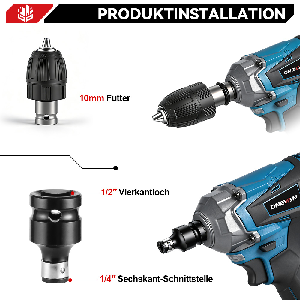 Bohrfutter und Adapter für Elektrowerkzeuge, mit Beschriftungen.