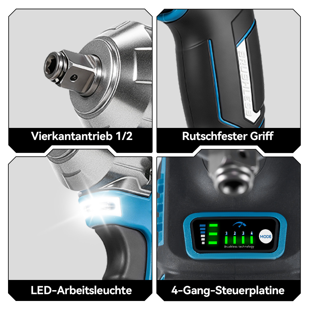 Vierkantantrieb, Rutschfester Griff, LED-Arbeitsleuchte und Steuerplatine.