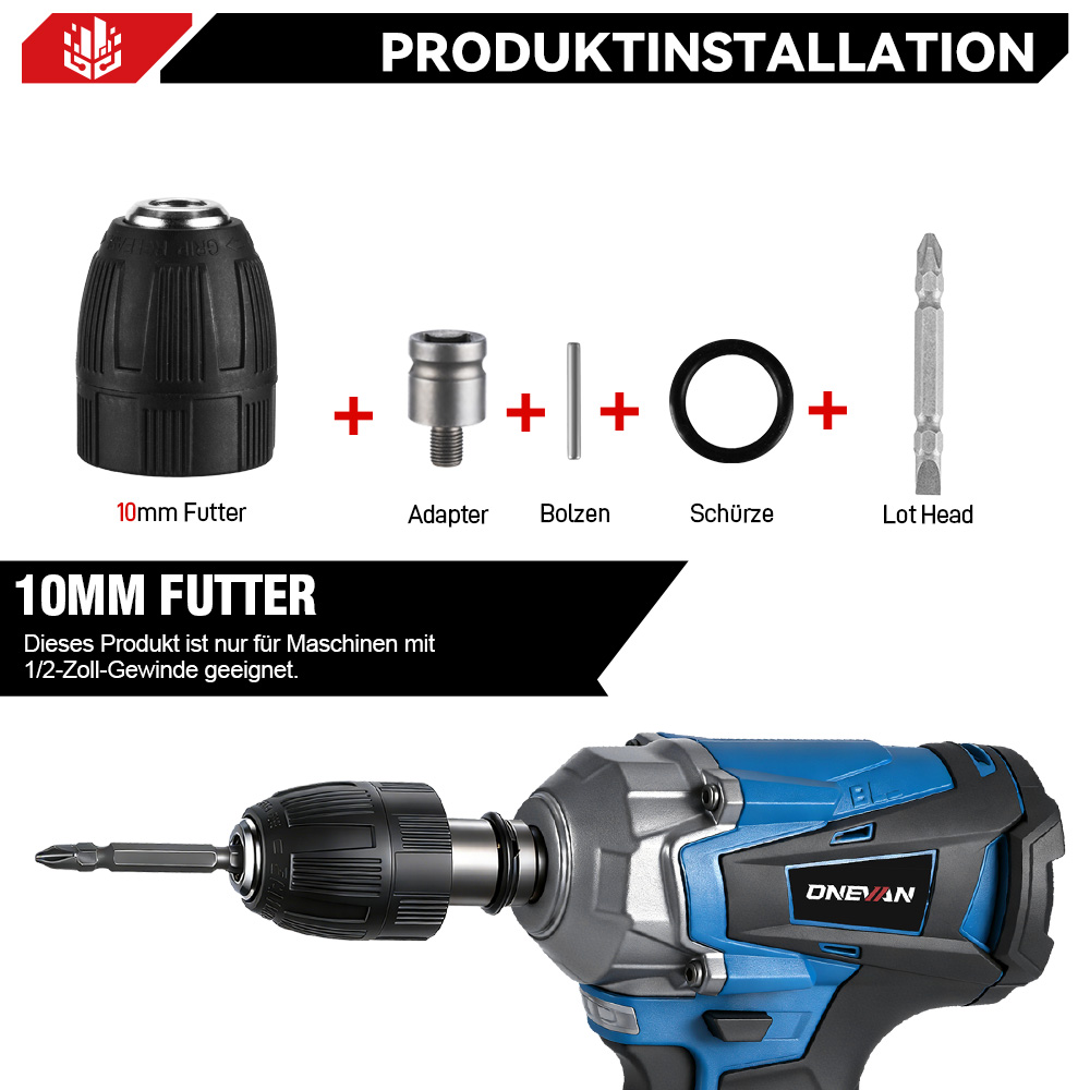 Produktinstallation: Bohrfutter, Adapter, Bolzen, Schürze, Lot-Kopf und Akkuschrauber.