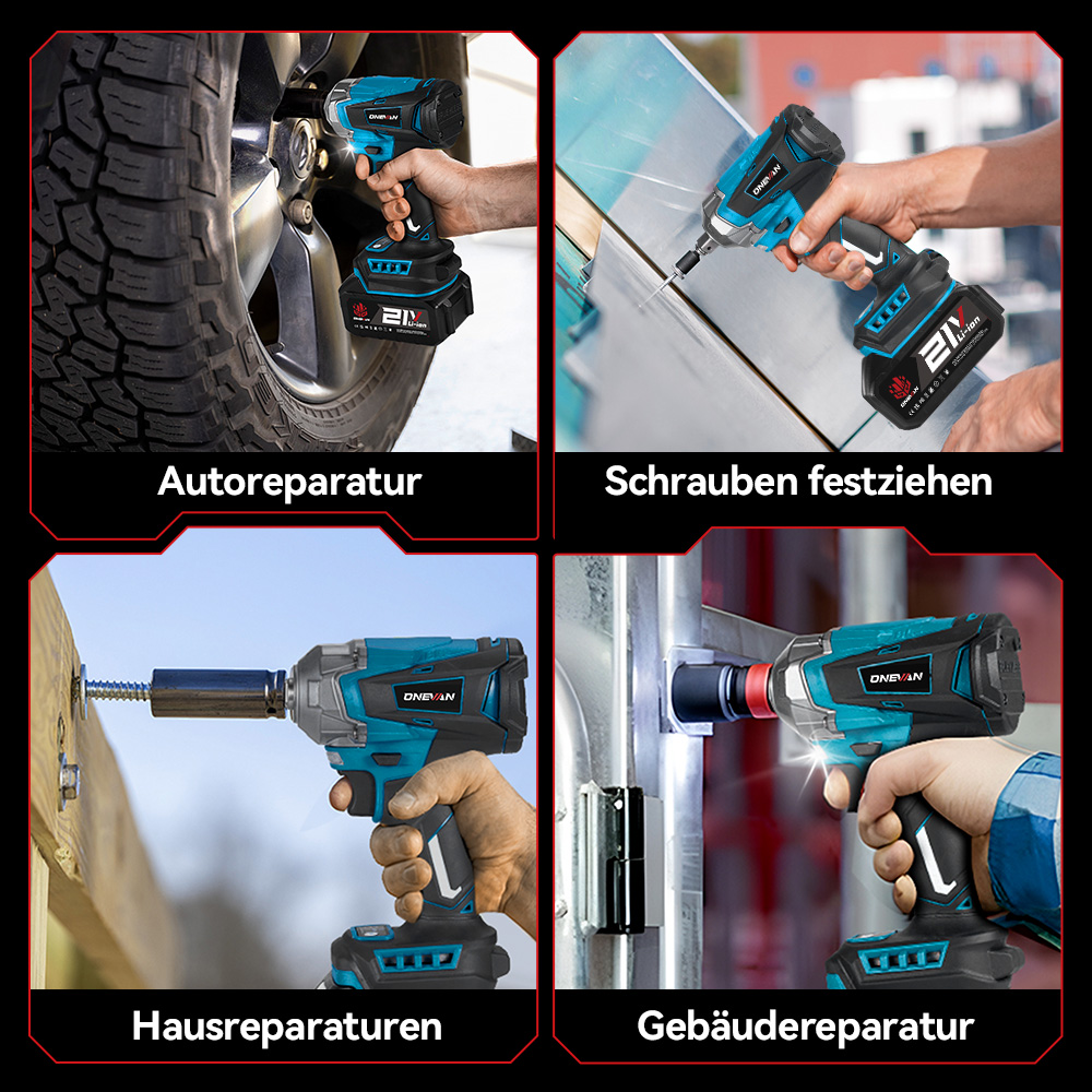 Vier Bilder zeigen einen blauen und schwarzen Akkuschlagschrauber bei verschiedenen Arbeiten: Auto, Schrauben, Haus und Gebäude.