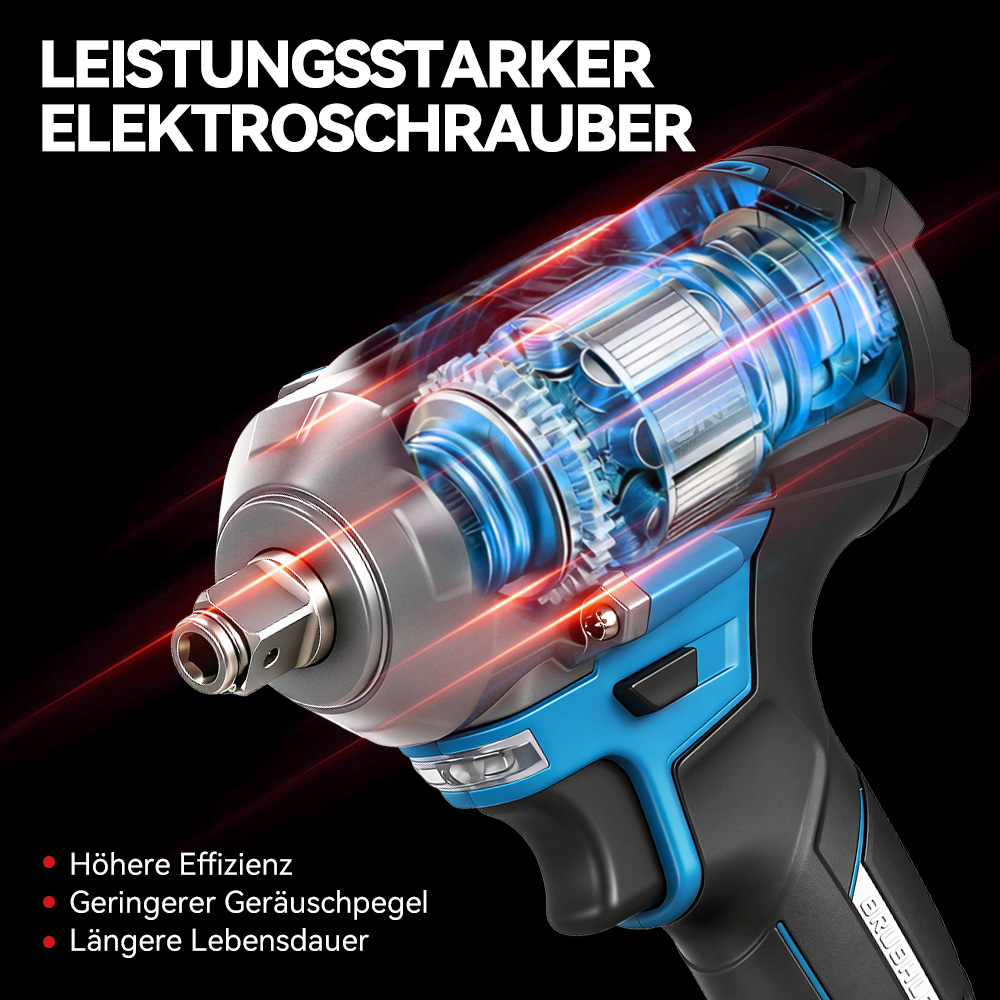 Schnittansicht eines blauen und schwarzen Elektro-Schlagschraubers mit sichtbaren Innenzahnrädern.