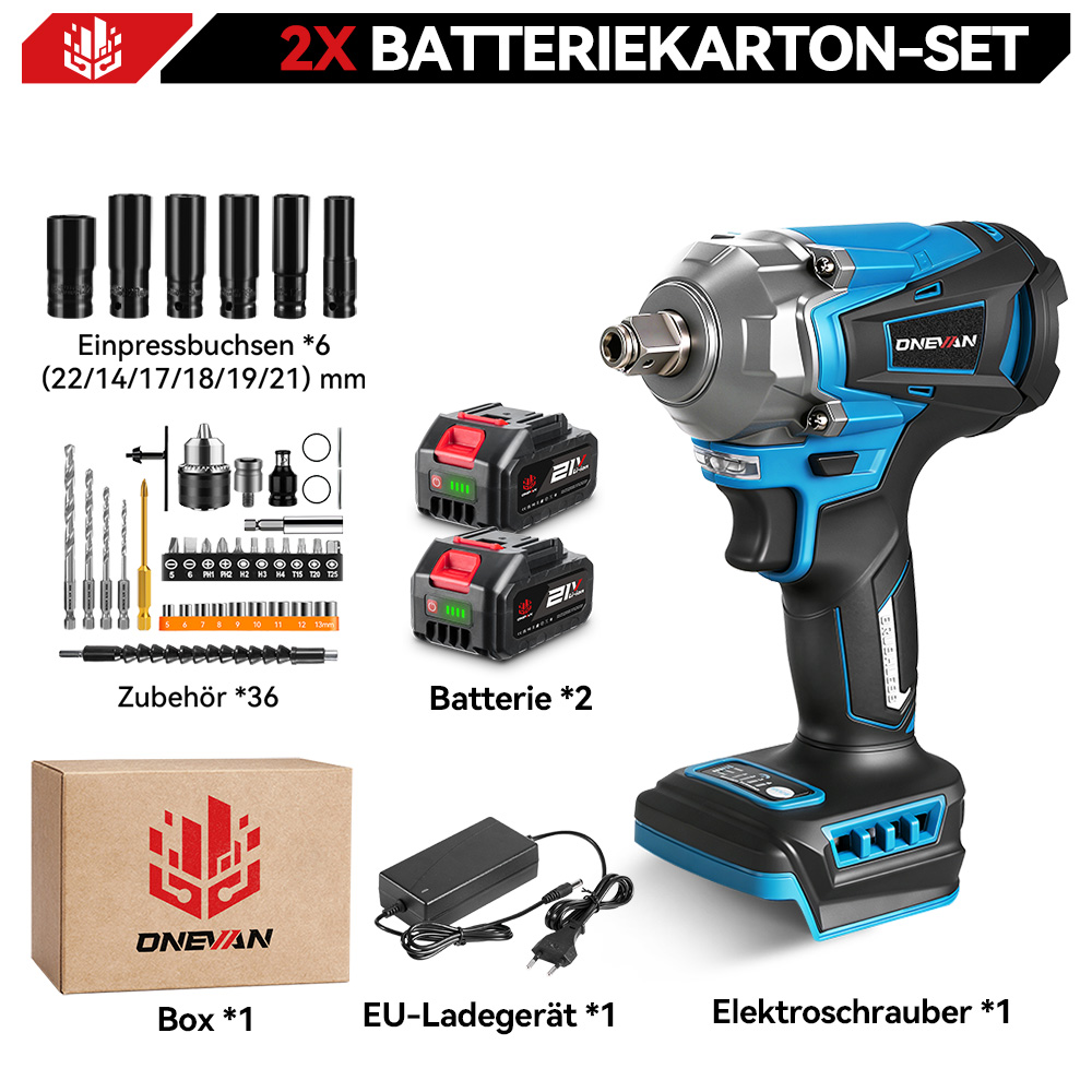 Ein Akku-Schlagschrauber-Set mit Werkzeug, Batterien, Ladegerät und Box.