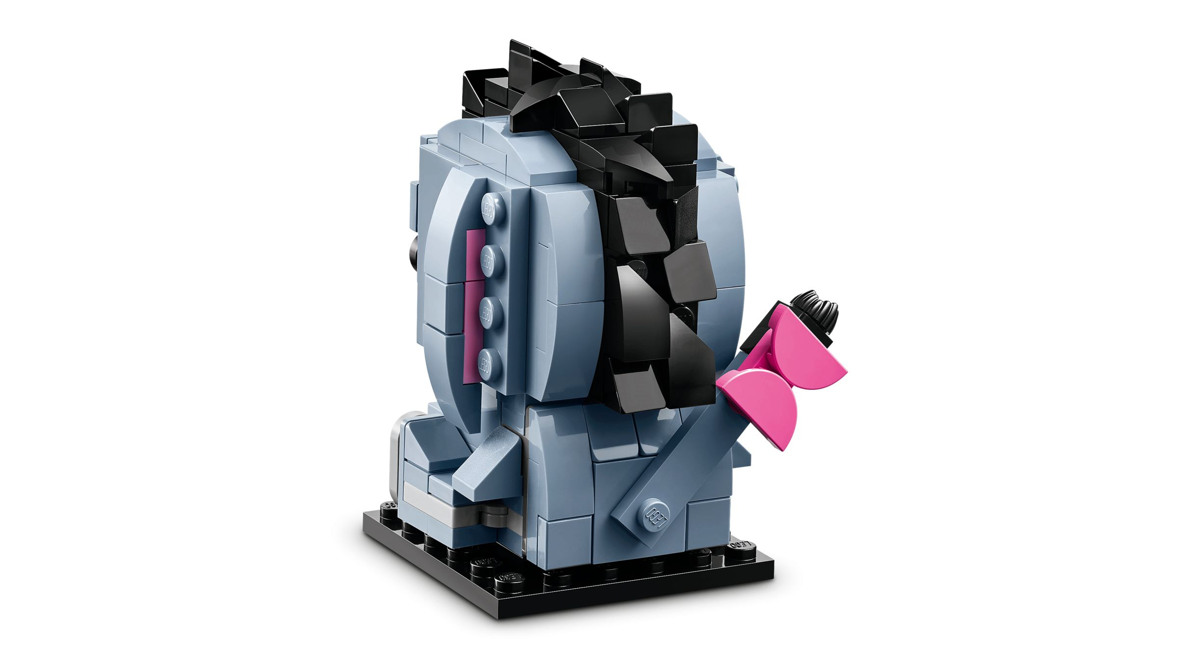Siyah ve pembe vurgulu gri Lego Eeyore modeli.