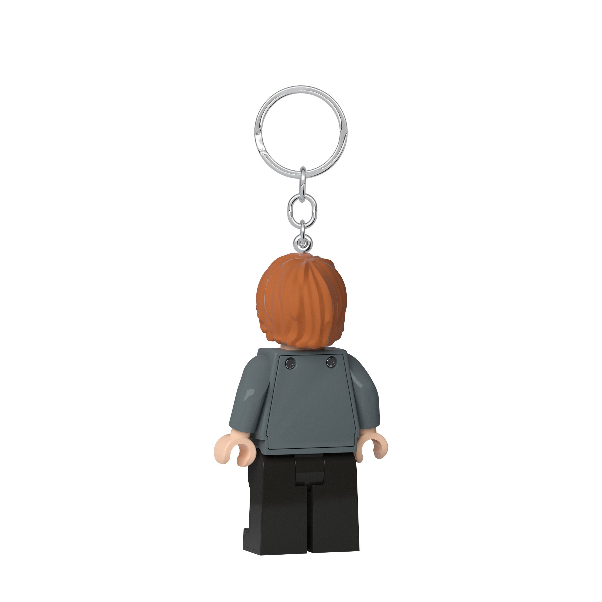 Vista trasera de un llavero Lego con pelo rojo y ropa gris.