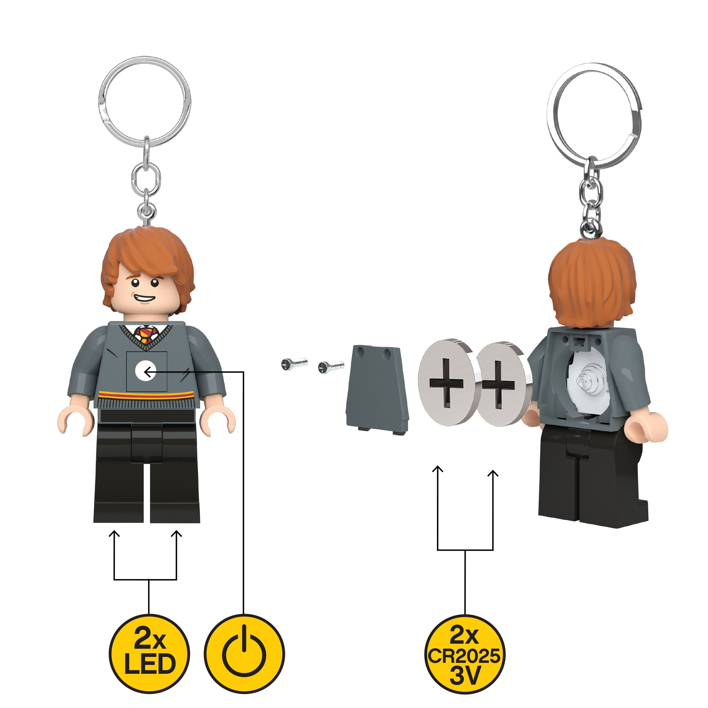 Figura llavero LEGO con pelo rojo, túnica gris, pantalones negros. Muestra piezas y baterías.
