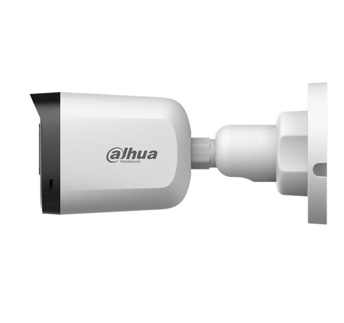 Siyah lens yuvalı beyaz bir Dahua teknoloji güvenlik kamerası gösteriliyor.