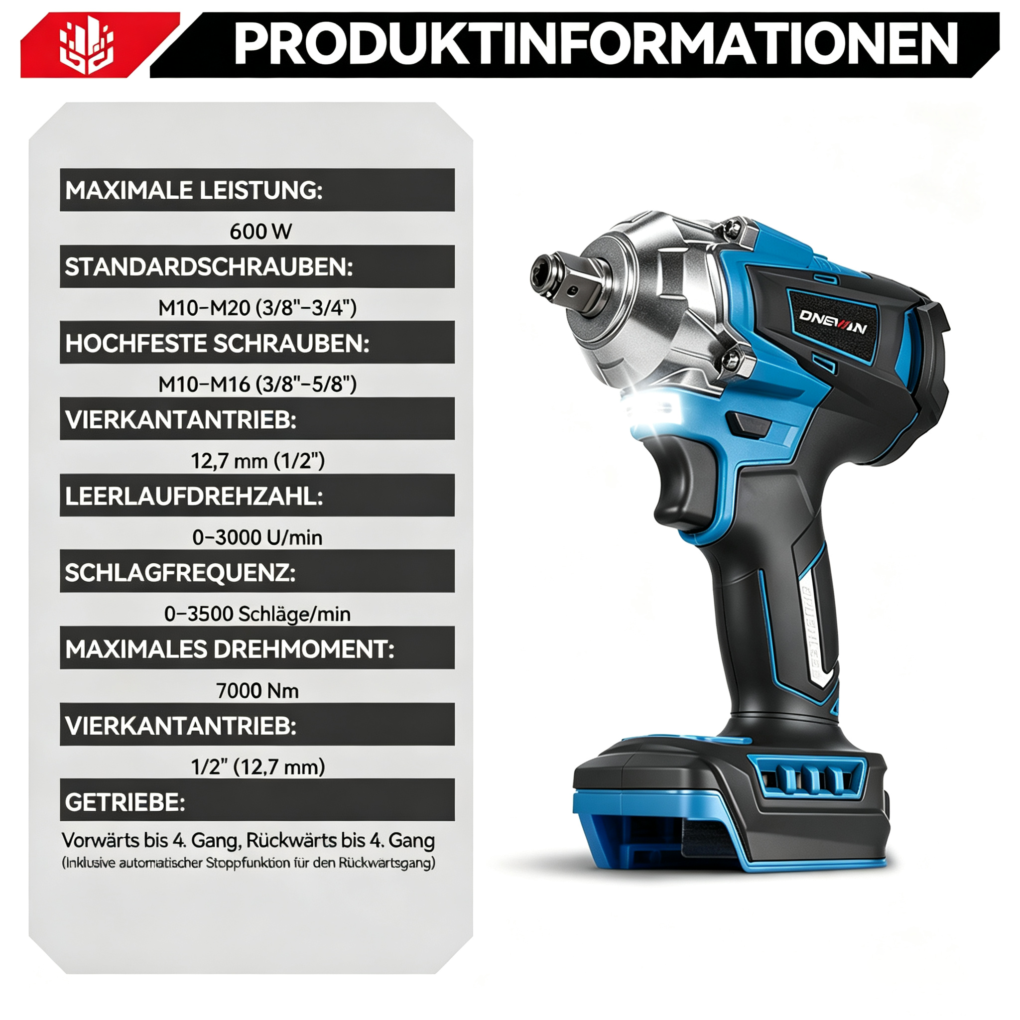 Información del producto de una llave de impacto azul y negra con hoja de especificaciones.