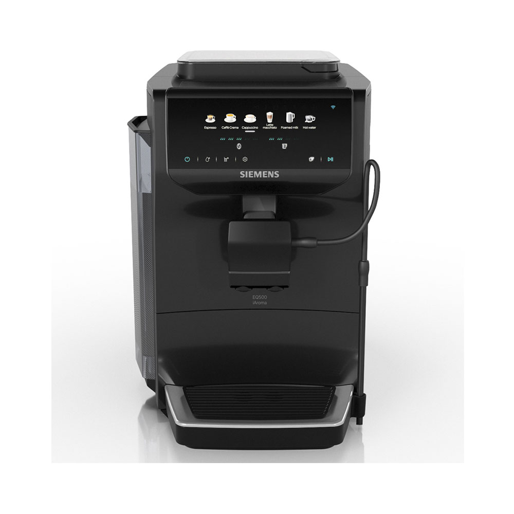 Machine à café automatique Siemens noire avec écran tactile et réservoir à lait.