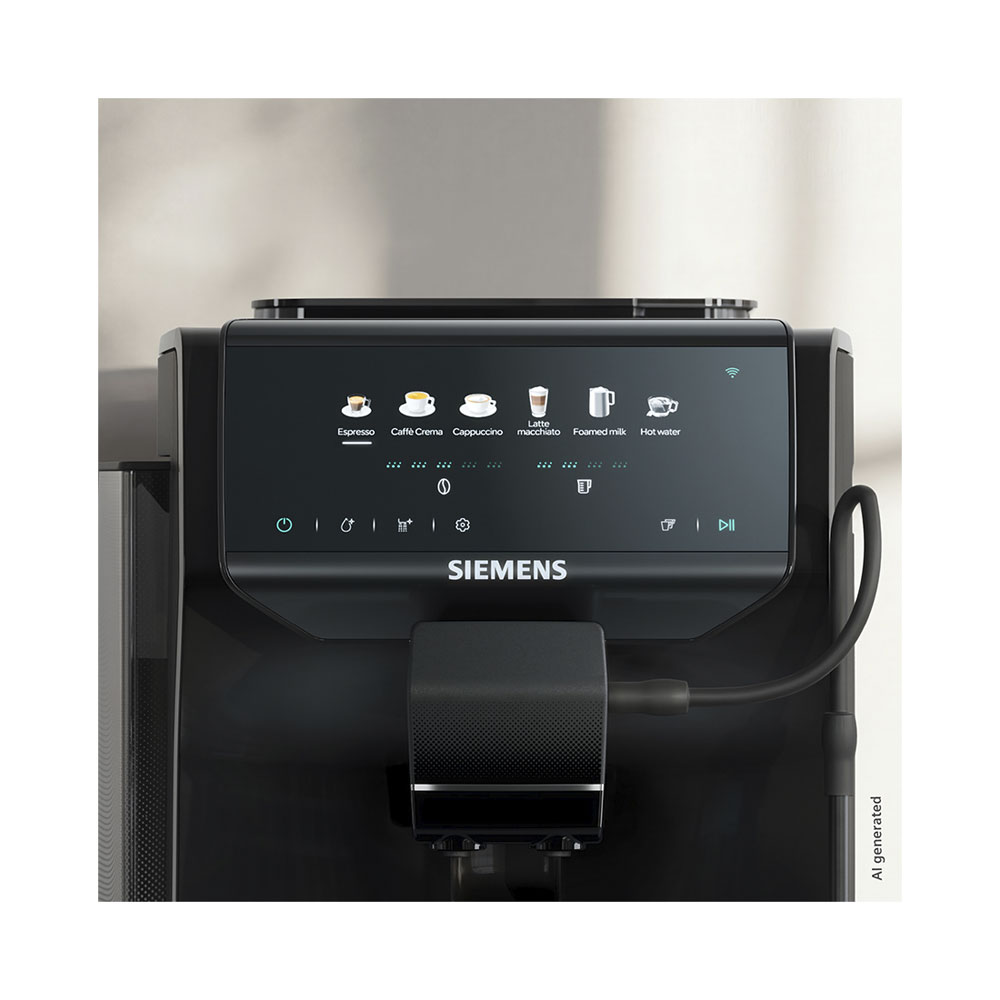 Une machine à café Siemens noire avec écran tactile affiche des options de café.