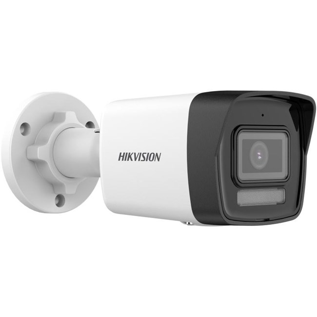 Siyah vurgulu beyaz Hikvision güvenlik kamerası, beyaz tabana monte edilmiş.