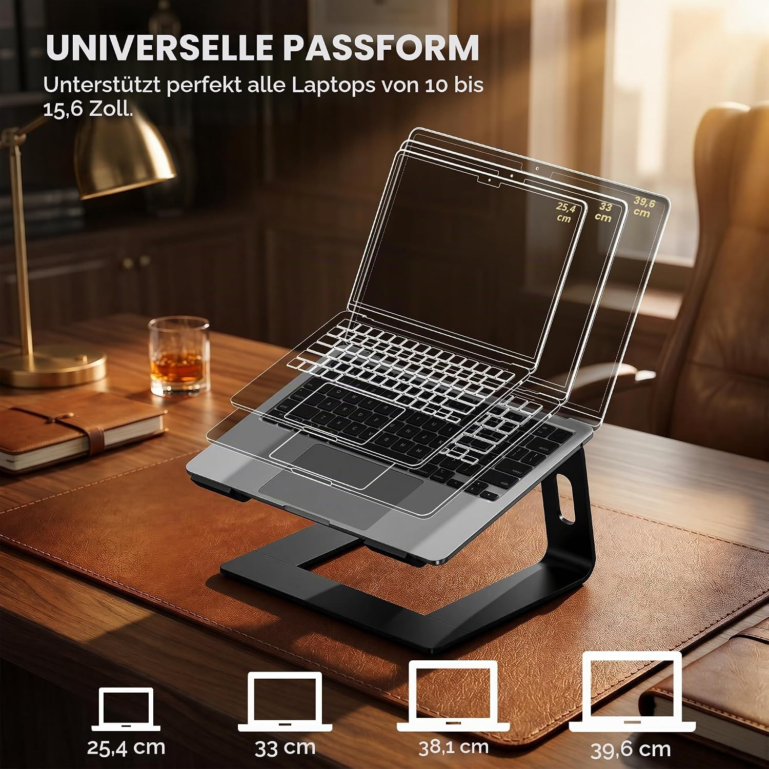 Ein Laptopständer auf einem Schreibtisch mit einem Laptop und vier Größenangaben.