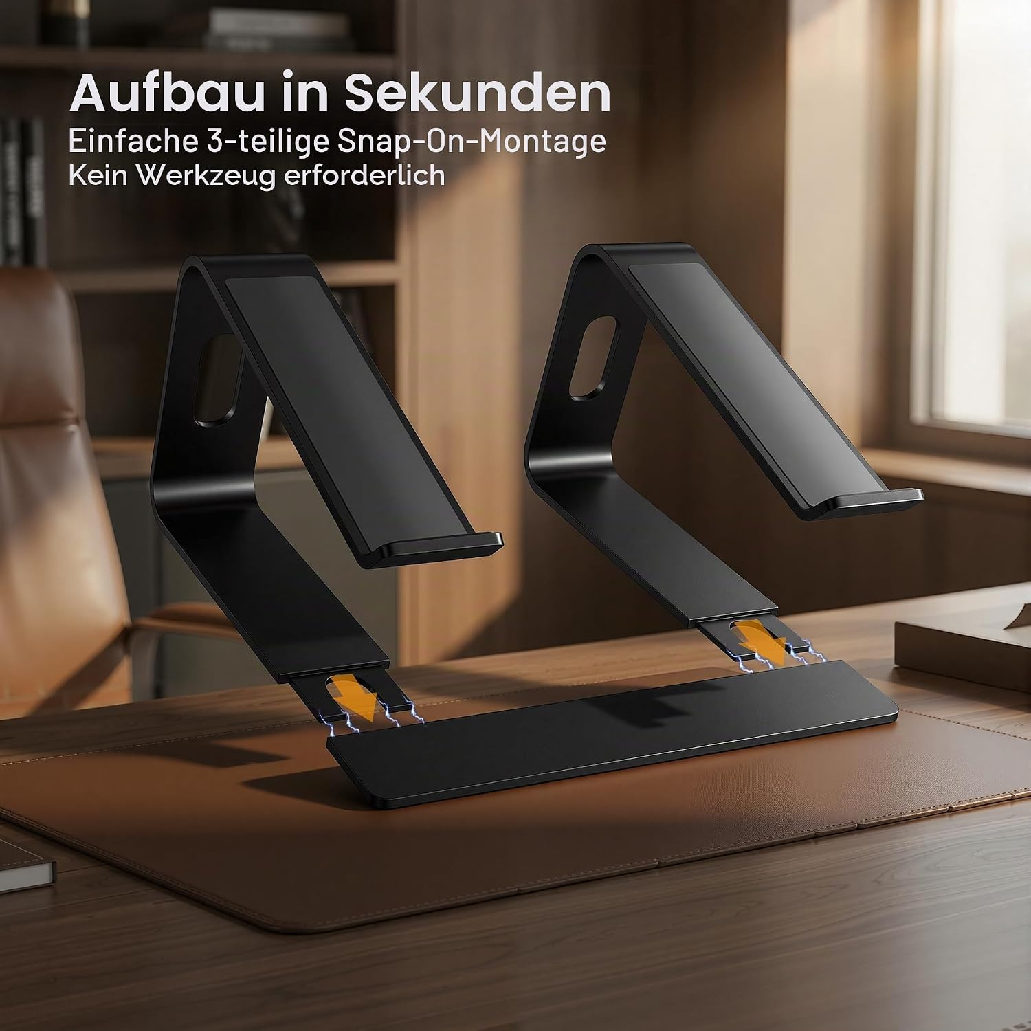Zwei schwarze Laptopständer stehen auf einem Schreibtisch. Einfache Montage.