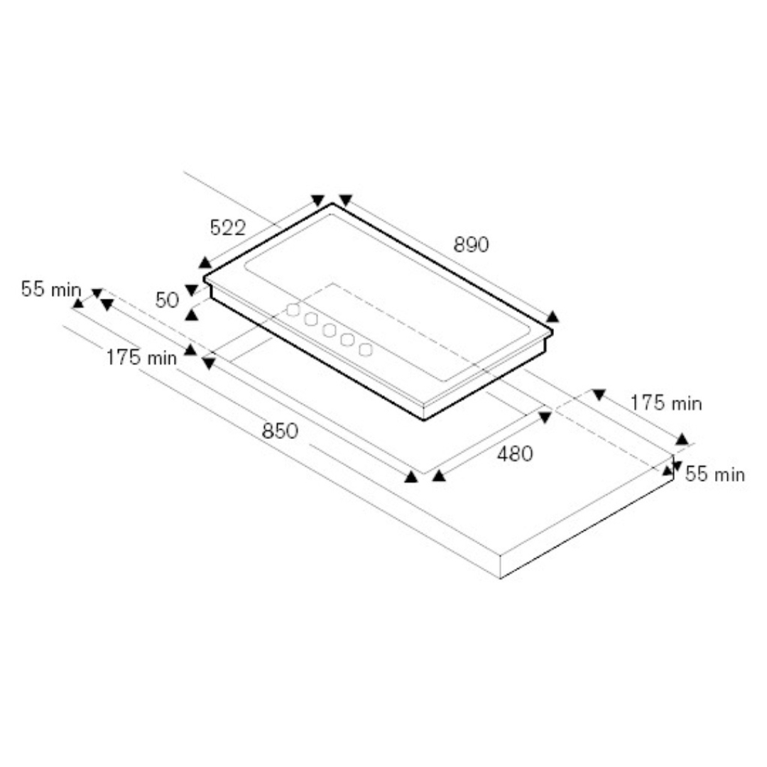 Disegno tecnico di un piano cottura con dimensioni in mm.