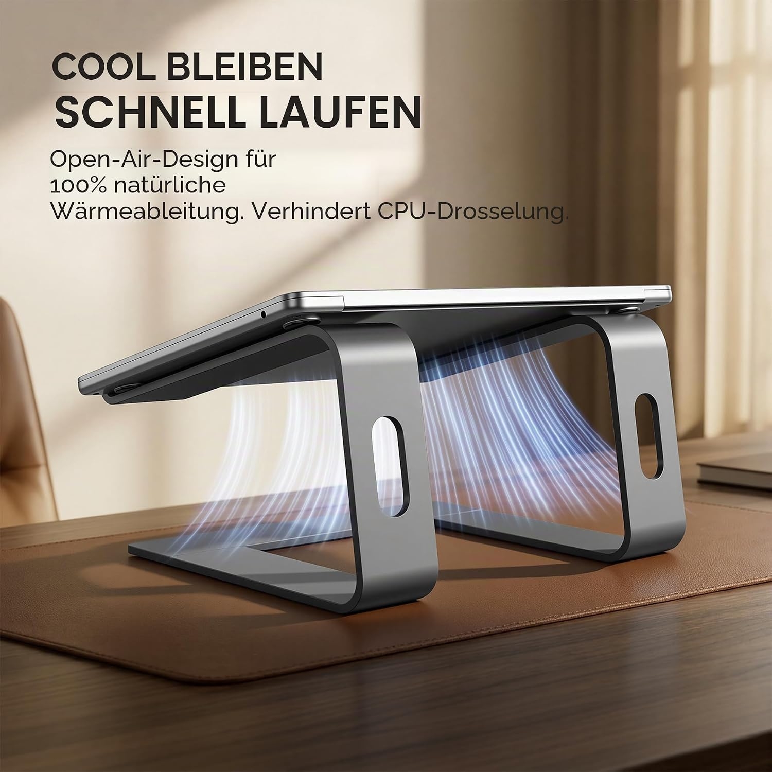 Ein Laptopständer mit offenem Design leitet Wärme ab, um eine Überhitzung zu verhindern.