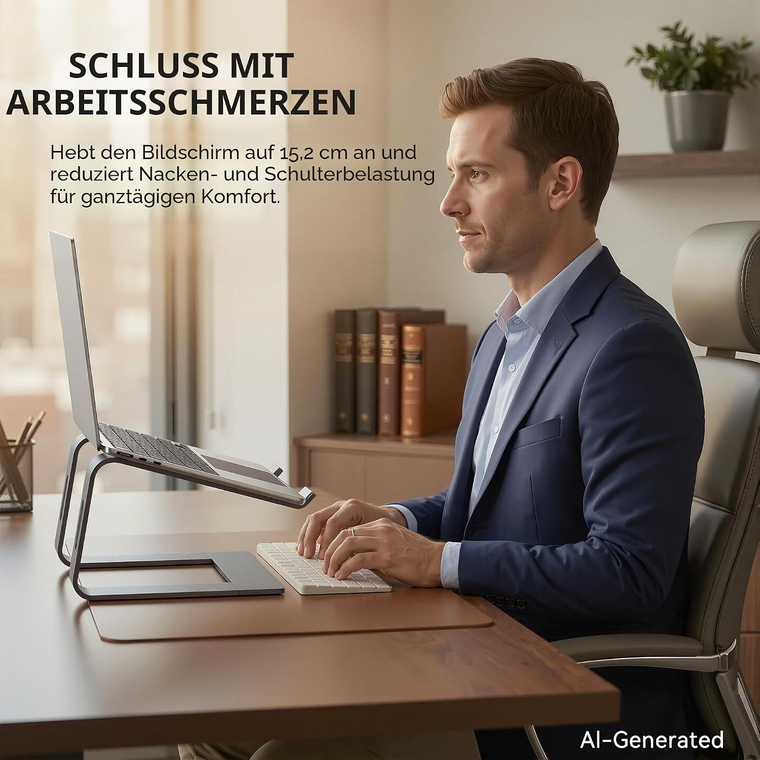 Mann im Anzug arbeitet am Laptop auf einem Ständer. Er sitzt am Schreibtisch.