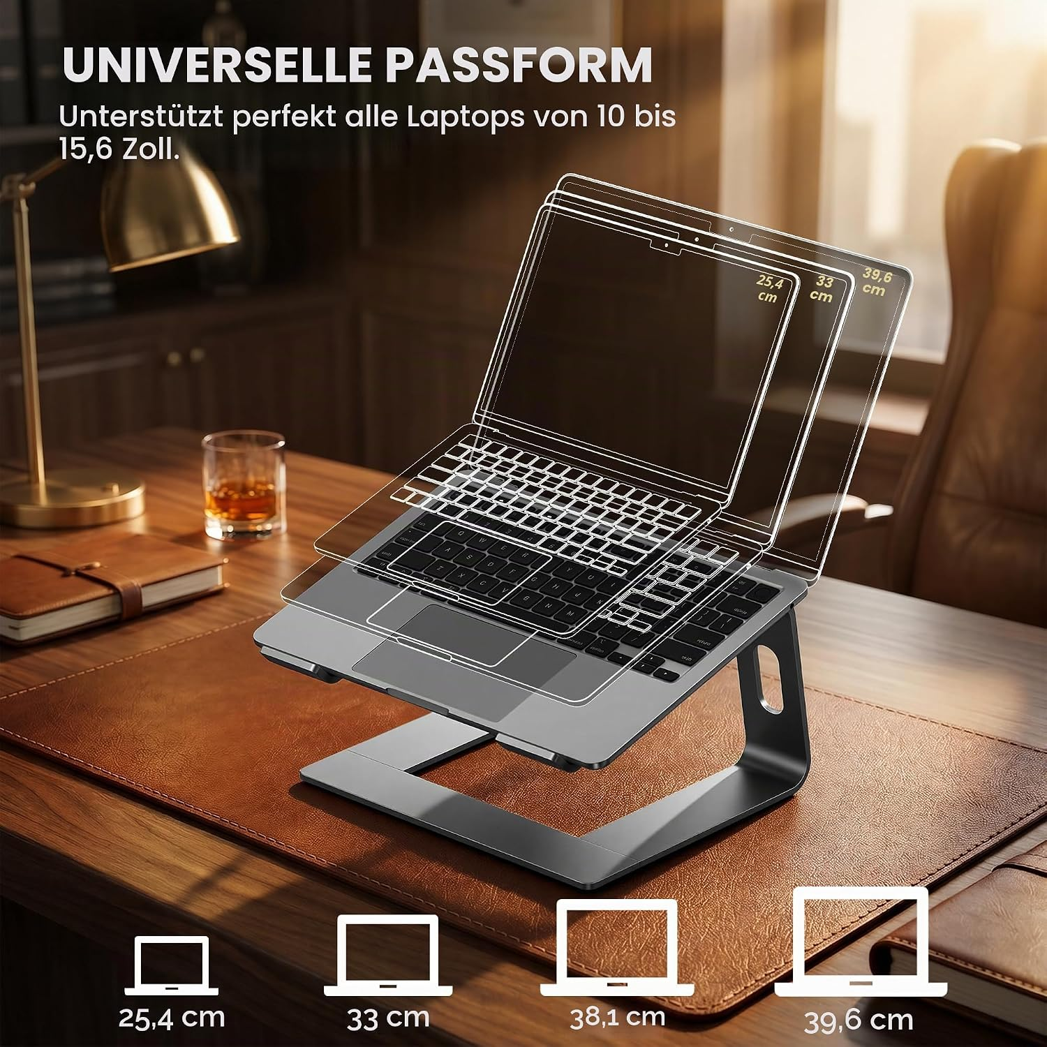 Ein Laptophalter mit einer Laptop-Silhouette und Größenangaben.
