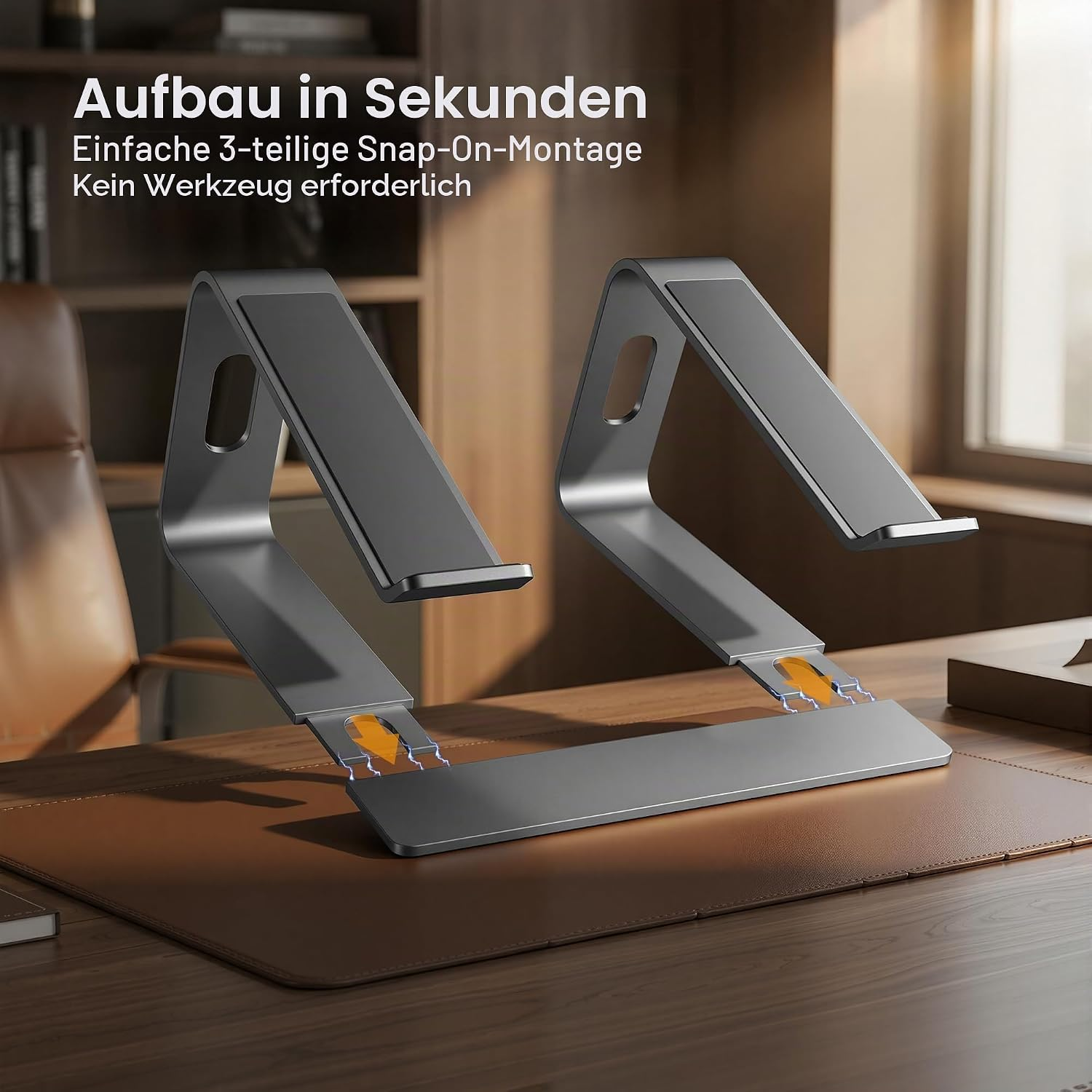 Zwei graue Laptopständer aus Metall auf einem Schreibtisch. Einfache Montage.