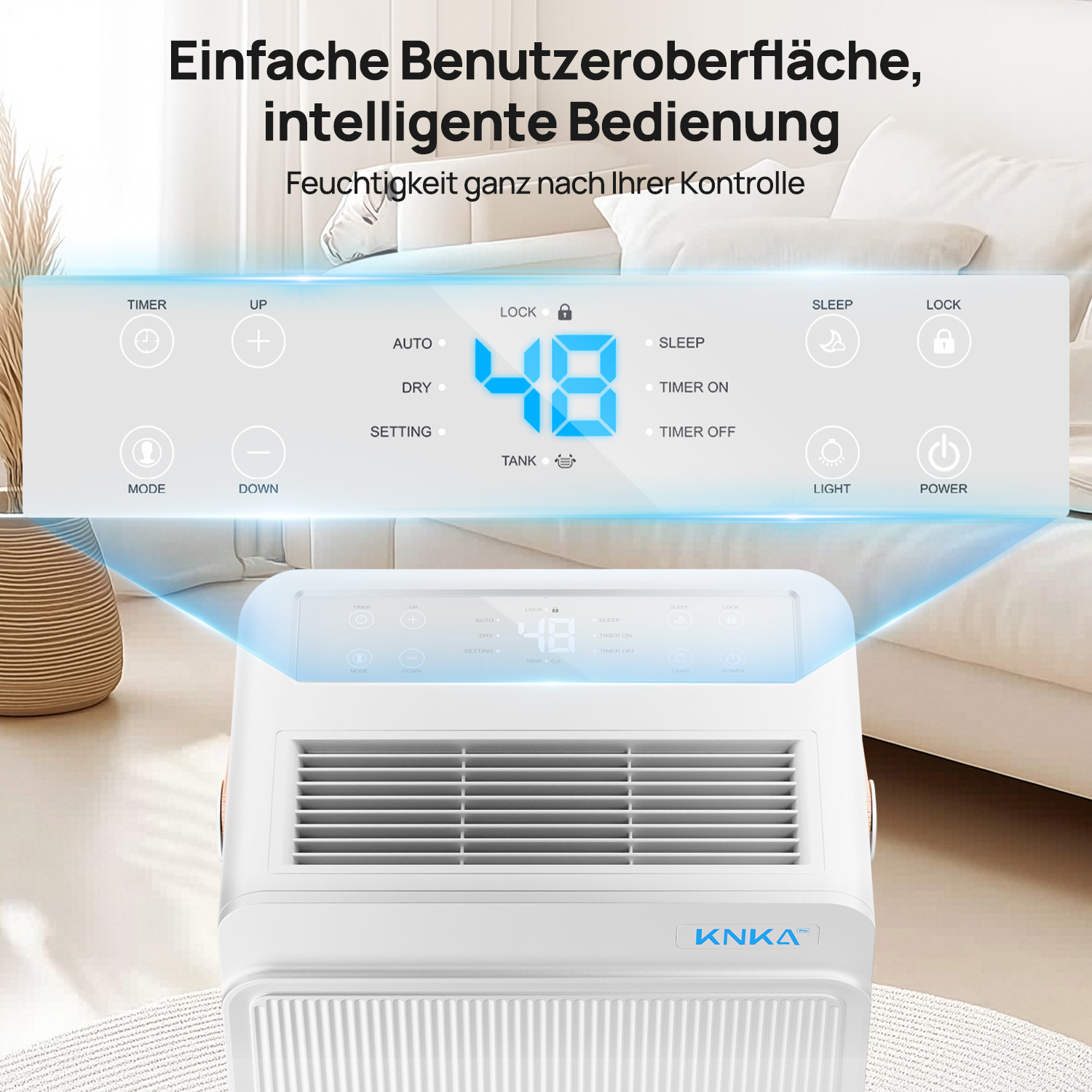 Ein weißer Luftentfeuchter mit beleuchtetem Bedienfeld und der Anzeige 48.