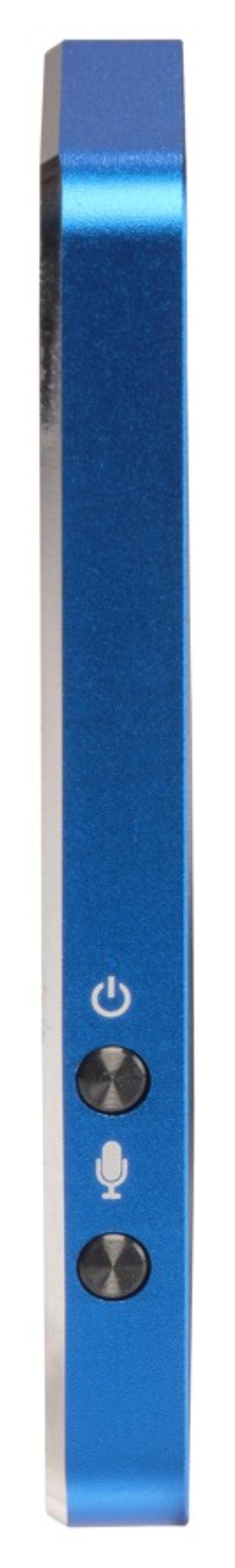 Een blauw apparaat met zilveren randen en drie knoppen.