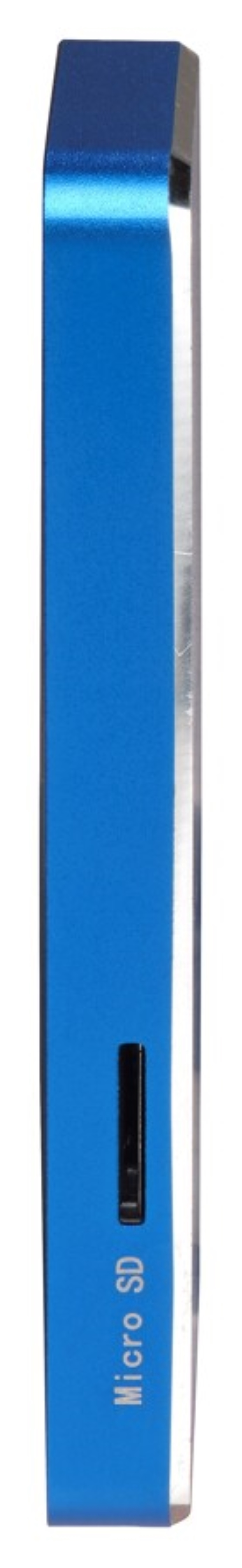 Blauwe USB-stick met Micro SD-sleuf, zijaanzicht.