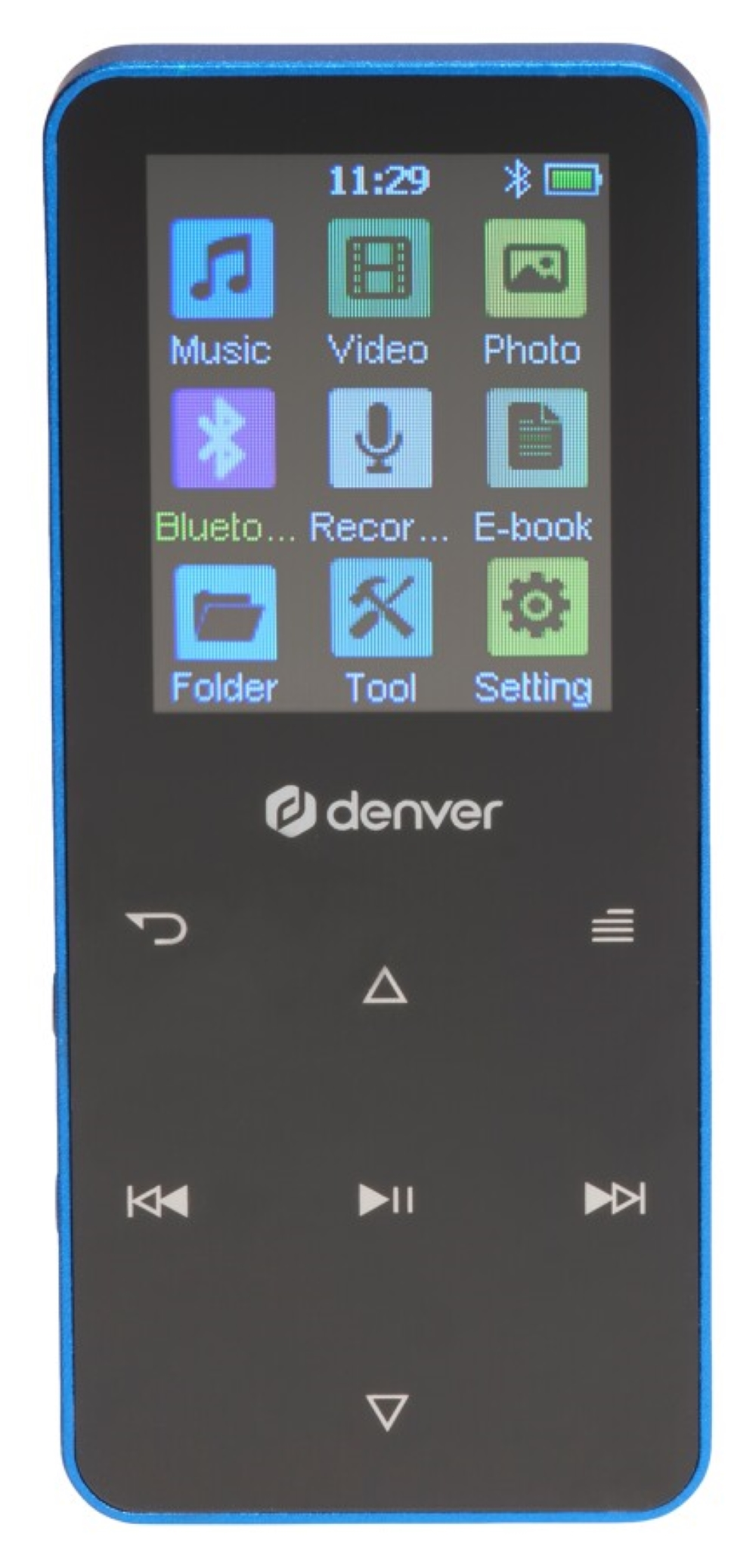 Een blauwe Denver MP3-speler met touchscreen waarop apps worden weergegeven.