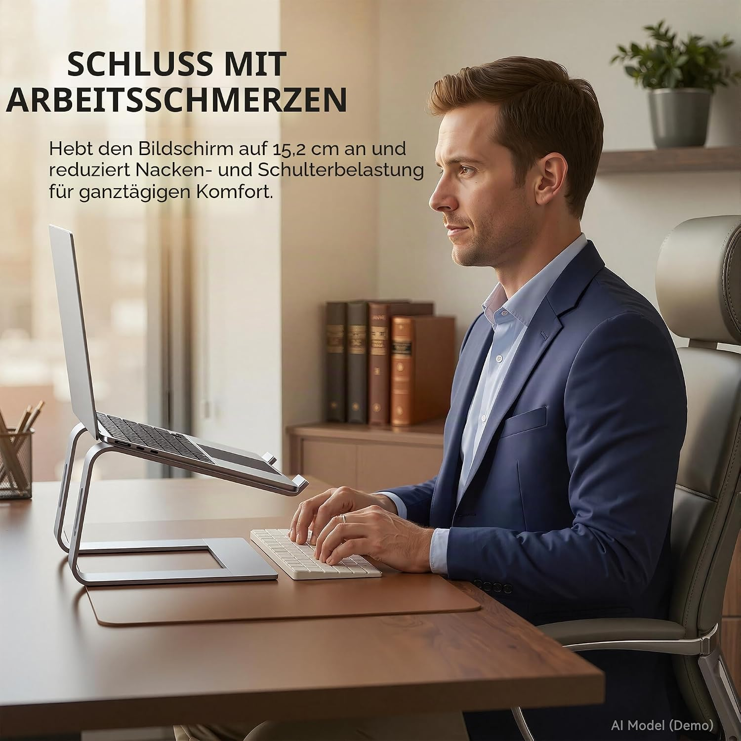 Mann im Anzug sitzt am Schreibtisch, Laptop auf Ständer, tippt auf Tastatur.