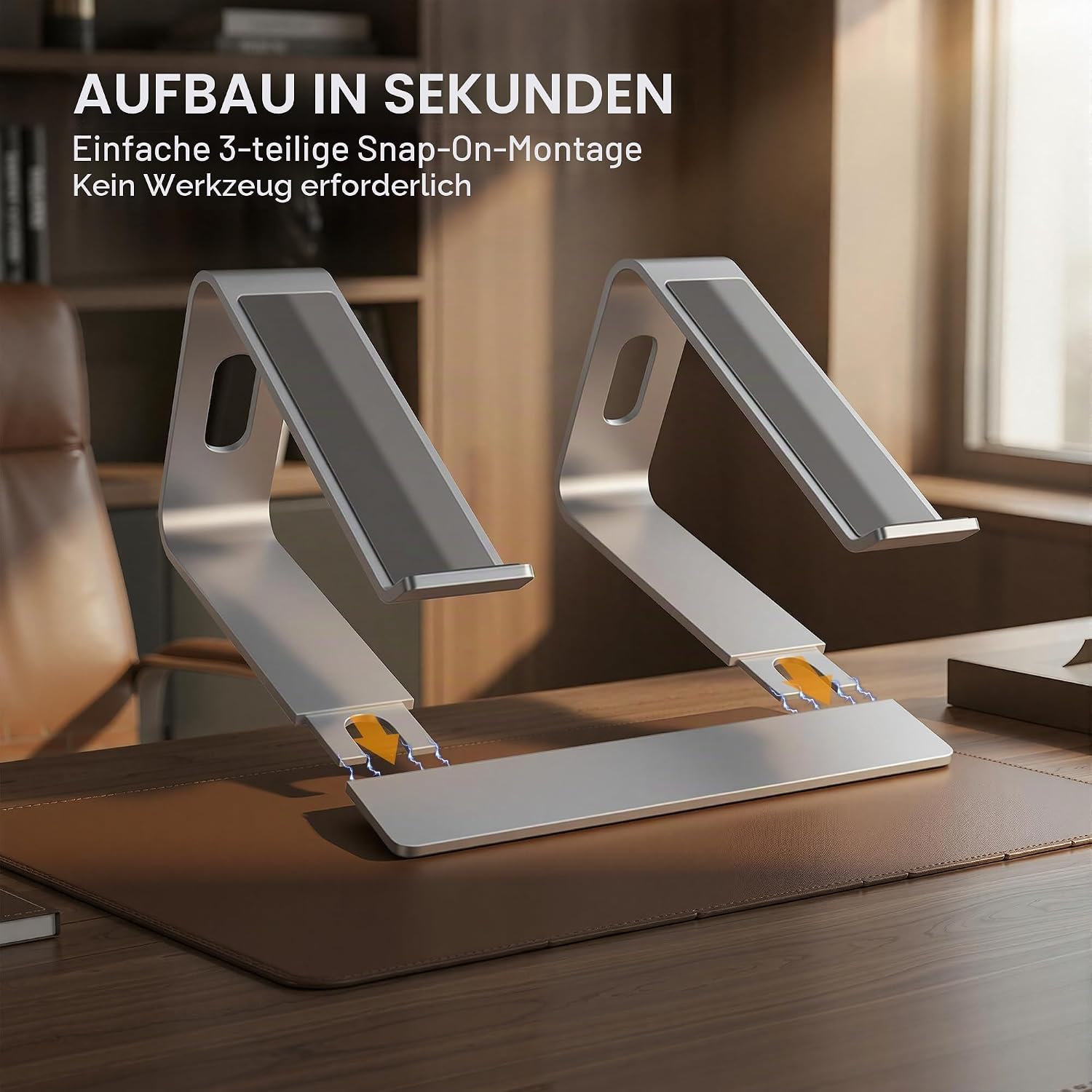 Zwei silberne Laptopständer auf einem Schreibtisch, einfach aufzubauen.