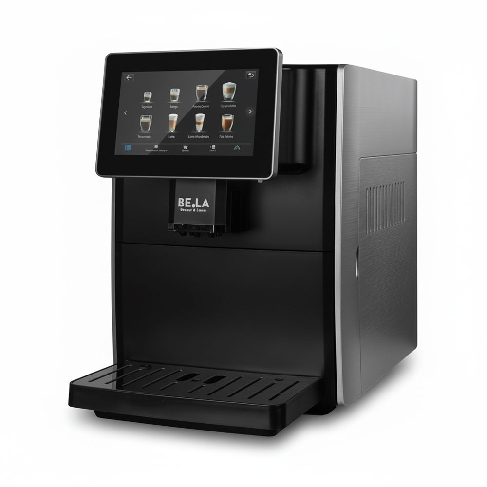 Une machine à café automatique noire avec écran tactile affichant divers types de café.