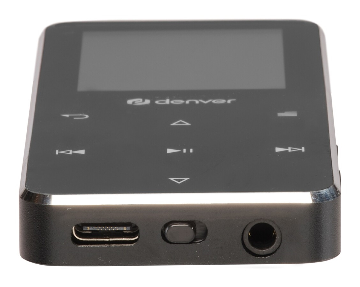 Zwarte Denver MP3-speler met scherm, knoppen en poorten aan de onderkant.