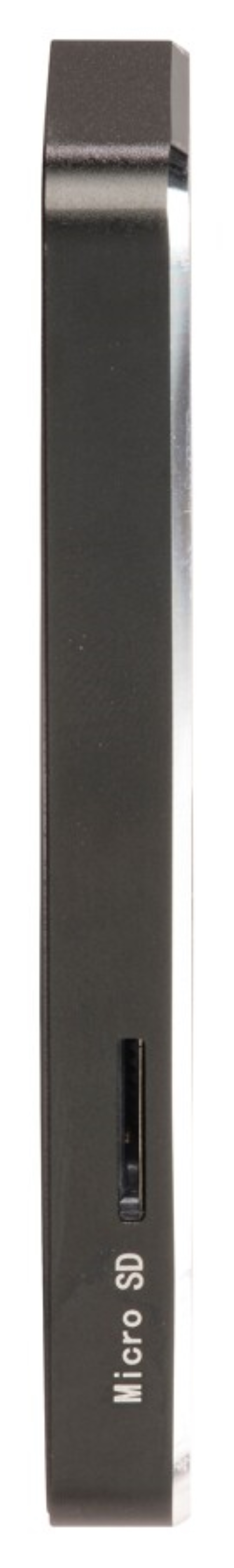Zwart rechthoekig apparaat met Micro-SD-kaartsleuf en USB-poort.