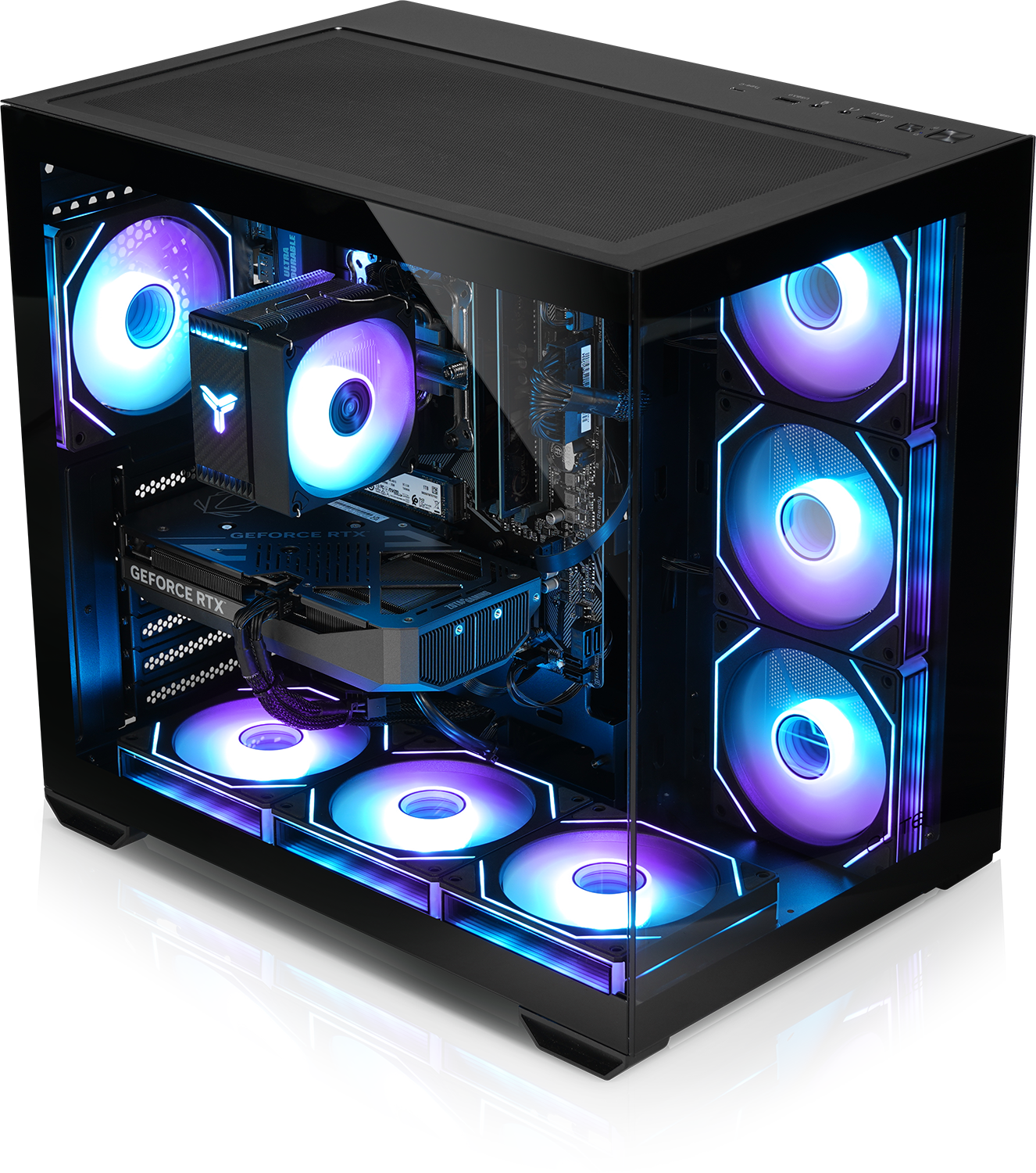 Ein moderner PC mit RGB-Lüftern in einem Glasgehäuse, der auf schwarzem Hintergrund leuchtet.
