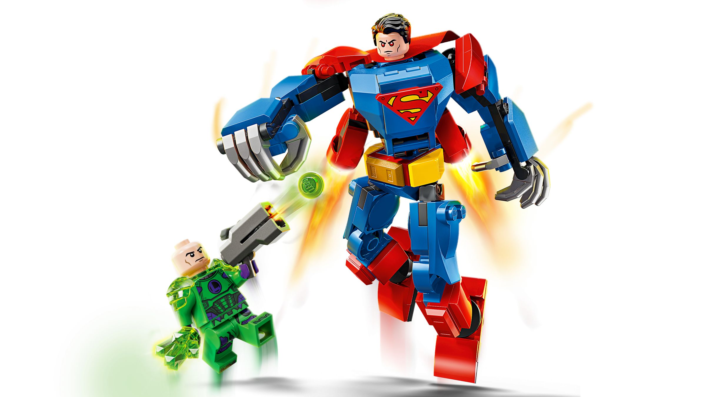 Un mech Lego di Superman combatte Lex Luthor con un'arma verde.