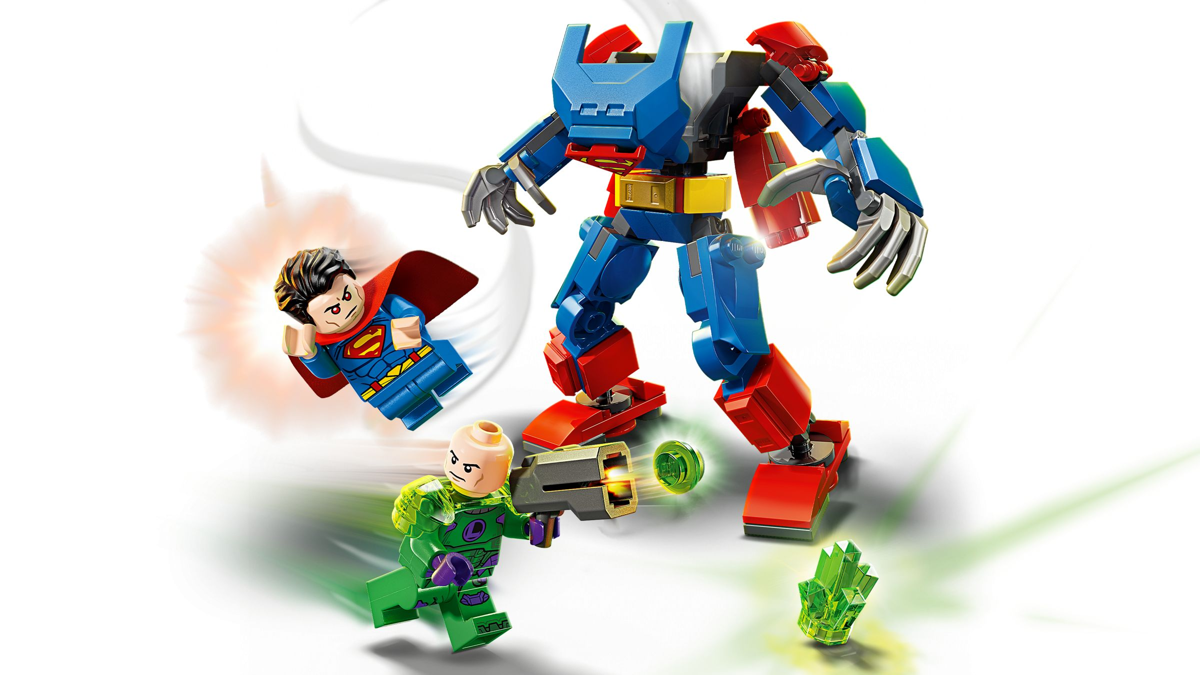 Superman combatte Lex Luthor in un mech con cristalli di energia.