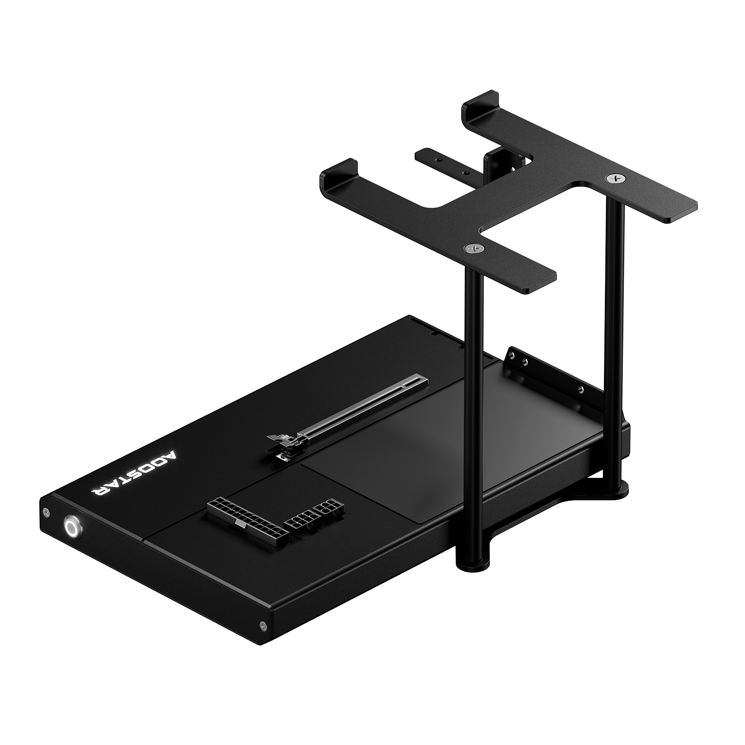 Un soporte electrónico negro con base plana y estructura de soporte elevada sobre fondo blanco.
