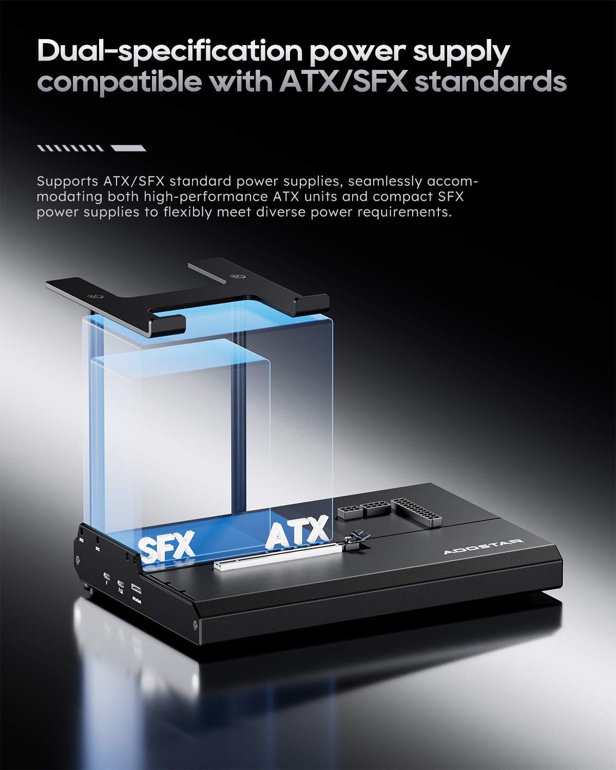 Un adaptador de fuente de alimentación para unidades ATX y SFX, con marcadores azules.