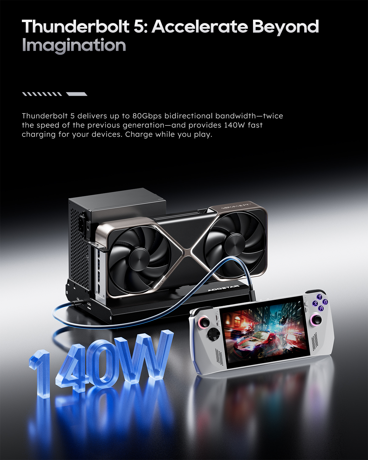 Un dispositivo portátil para juegos conectado a una PC vía Thunderbolt 5, con 140W.