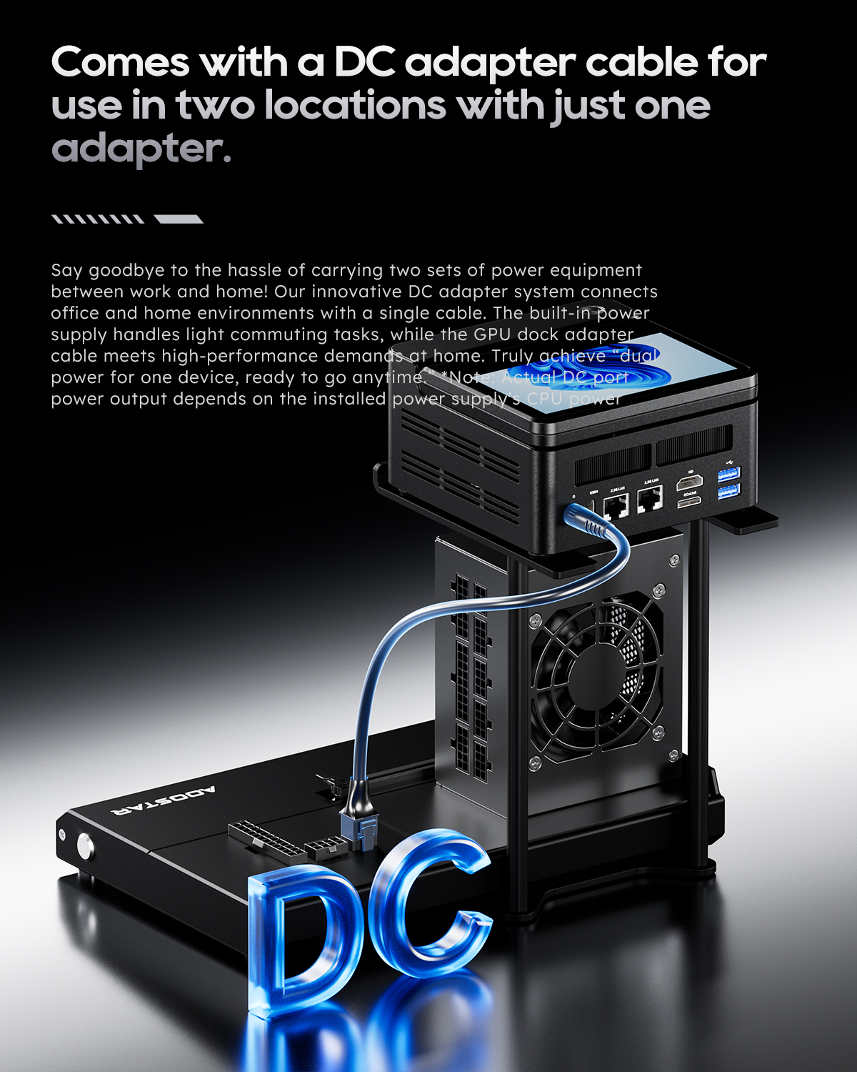 Una caja de computadora negra con un cable adaptador de CC conectado al logo "DC".