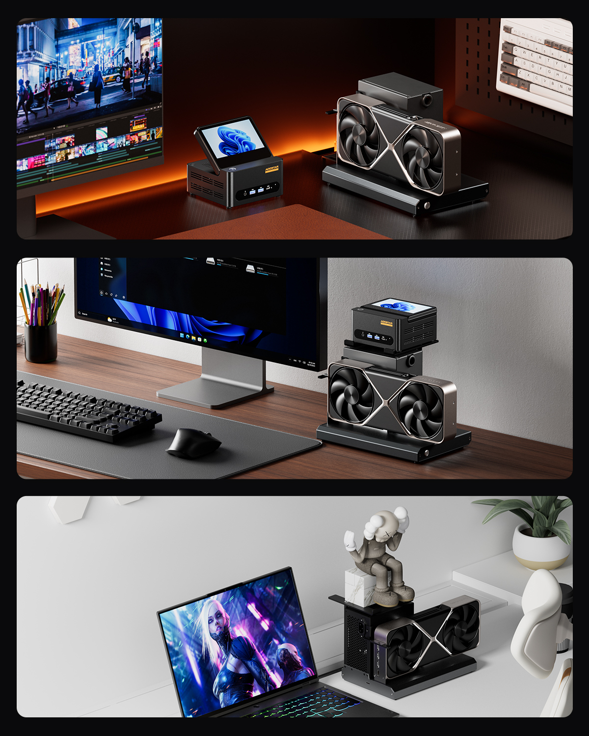 Un PC negro pequeño y una tarjeta gráfica en un escritorio con monitores.