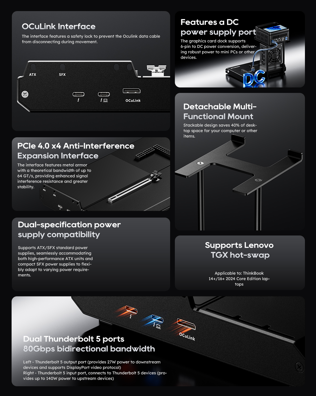 Primer plano de puertos: OCuLink, ATX, SFX y Thunderbolt 5.