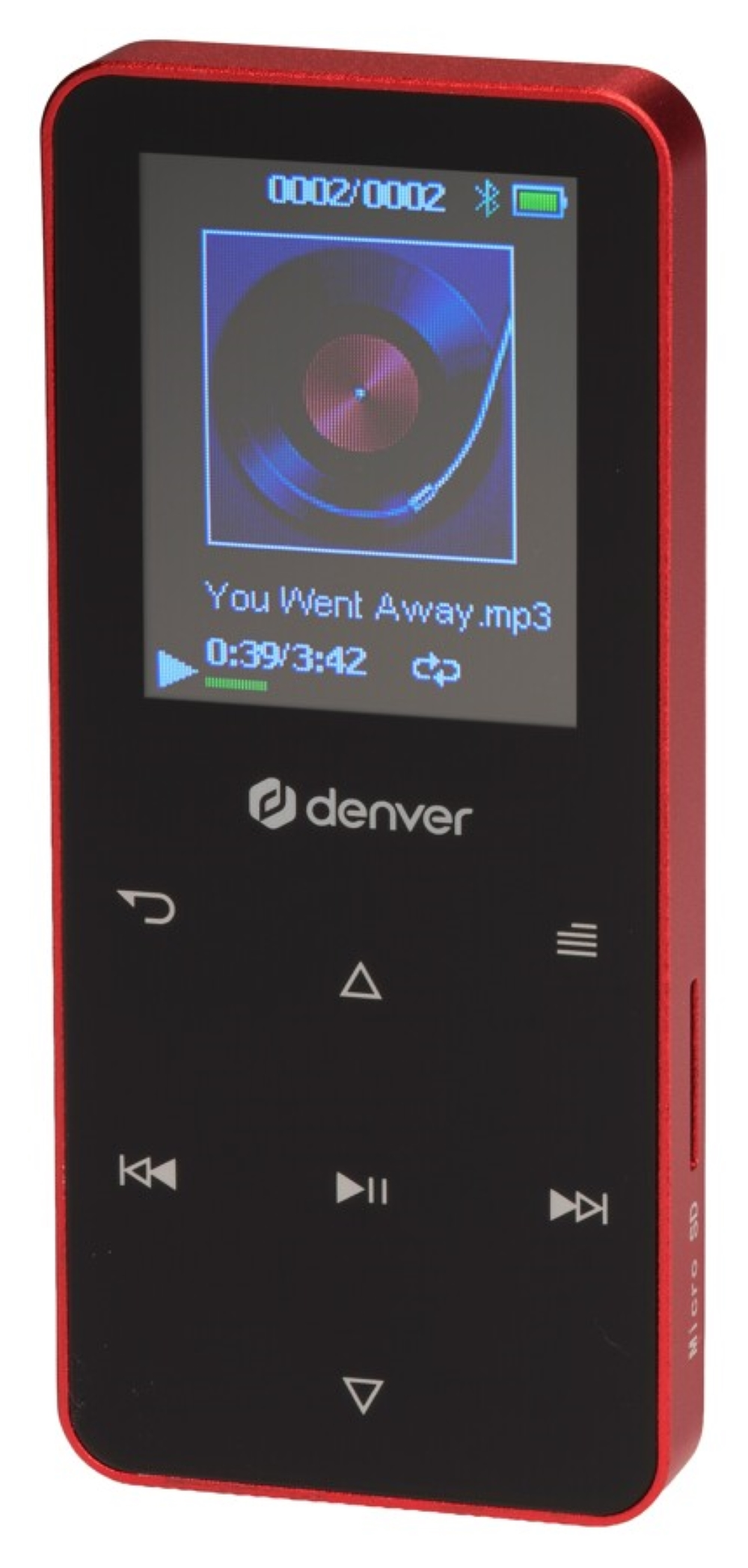 Een rode Denver MP3-speler met een zwart front en muziekweergave.