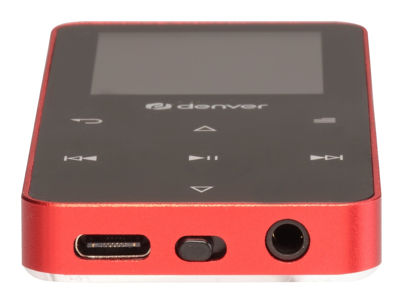 Een rode Denver MP3-speler met USB-C, koptelefoonaansluiting en knoppen.