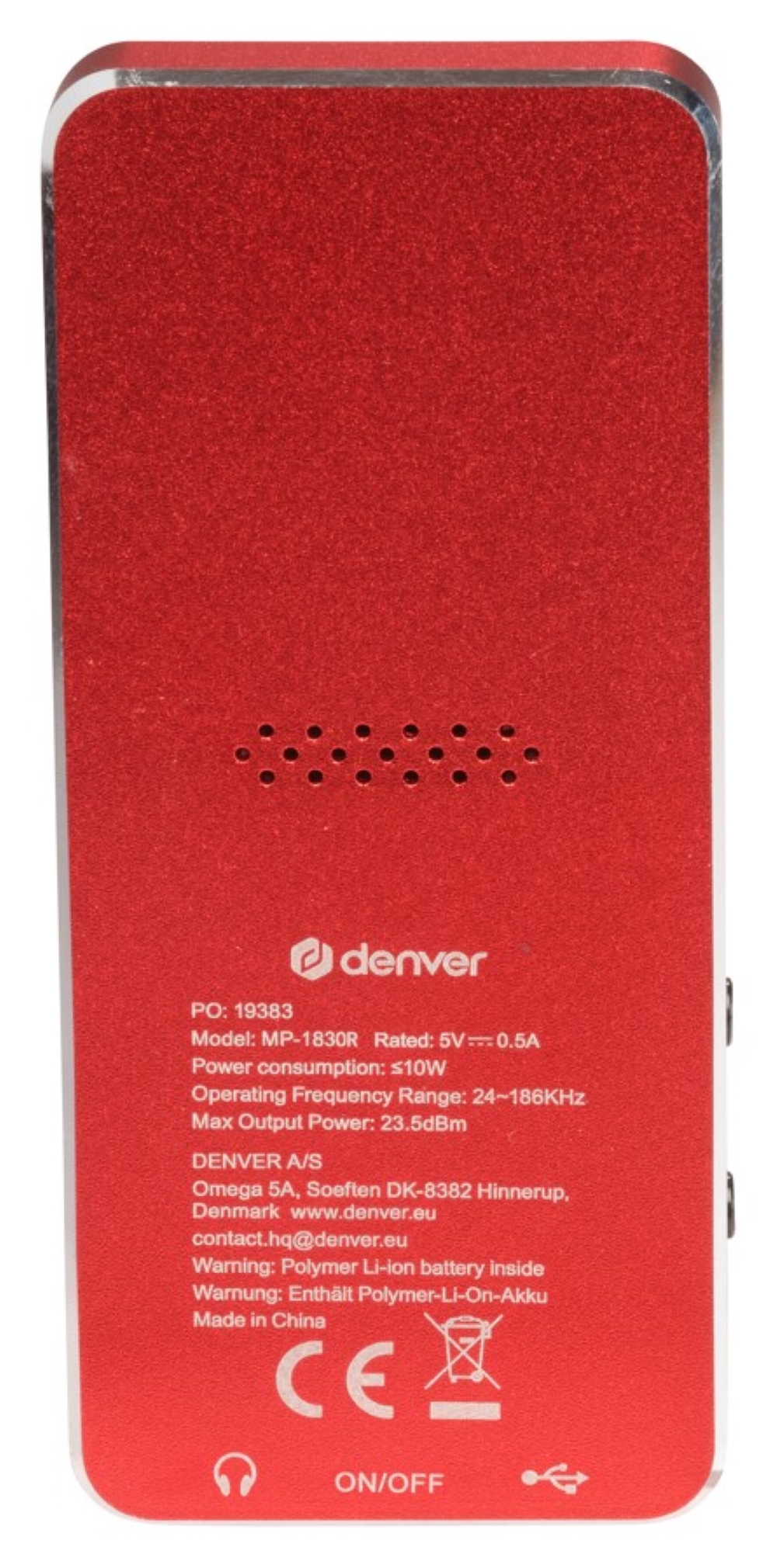 Rood apparaat met Denver-logo, specificaties en CE-markering.
