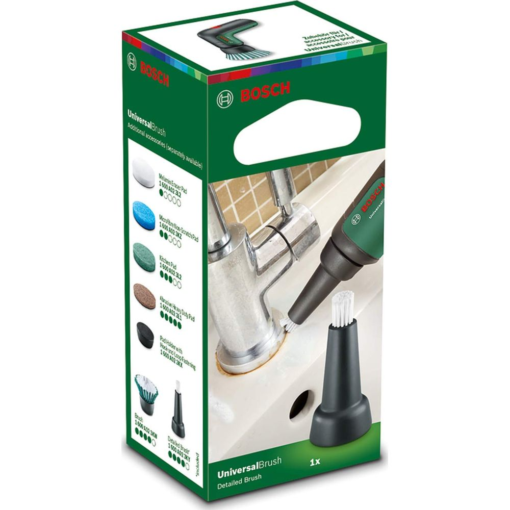 Verpackung des Bosch UniversalBrush mit Zubehörliste und Anwendungsbild.